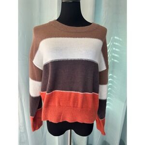 CUPSHE Colorblock Striped Crewneck Knit Sweater Women's Brown White Orange-L